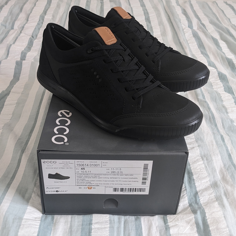 Men's Ecco Golf Street Retro Hydromax Black Leather Sneakers EU 45 US 11-11.5